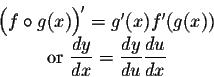 \begin{displaymath}\begin{array}{cc}\Big(f \circ g(x)\Big)' = g'(x) f'(g(x))\\
...
...aystyle{\frac{dy}{dx} = \frac{dy}{du}
\frac{du}{dx}}\end{array}\end{displaymath}