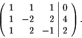 \begin{displaymath}\left( \begin{array}{rrr\vert r}
1&1&1& 0\\
1&-2&2& 4\\
1&2&-1& 2\\
\end{array} \right).\end{displaymath}